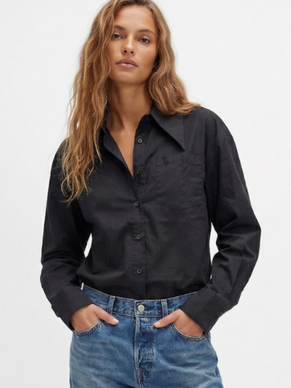 Black Button-Front Women's Shirt - Pointed Collar